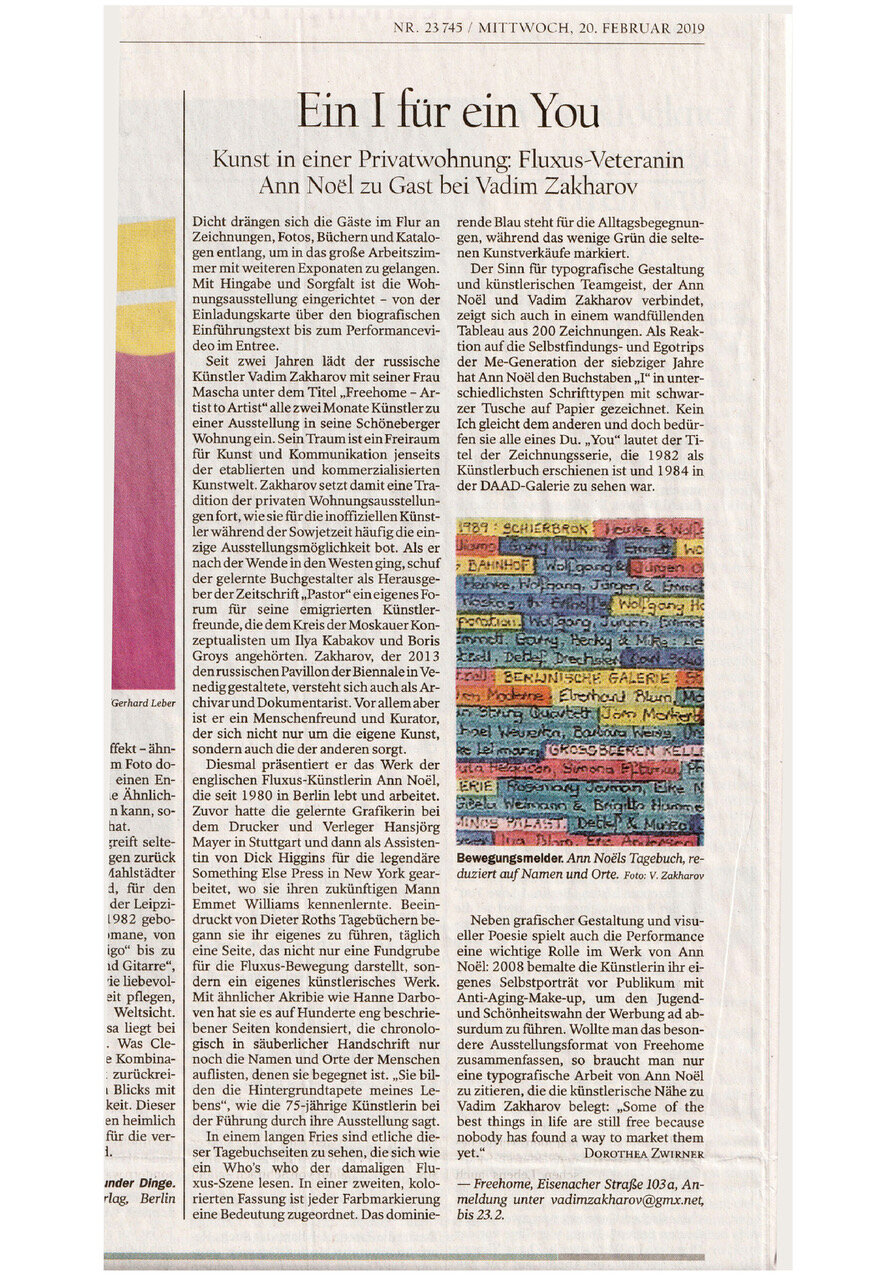 Dorothea Zwirner, Eine I für Ein You, Kunst in einer Privatewohnung: Fluxus-Vetereanin Ann Noël our Gast bet Vadim Zakharov, Das Tagesspiegel, Berlin, 20.02.2019