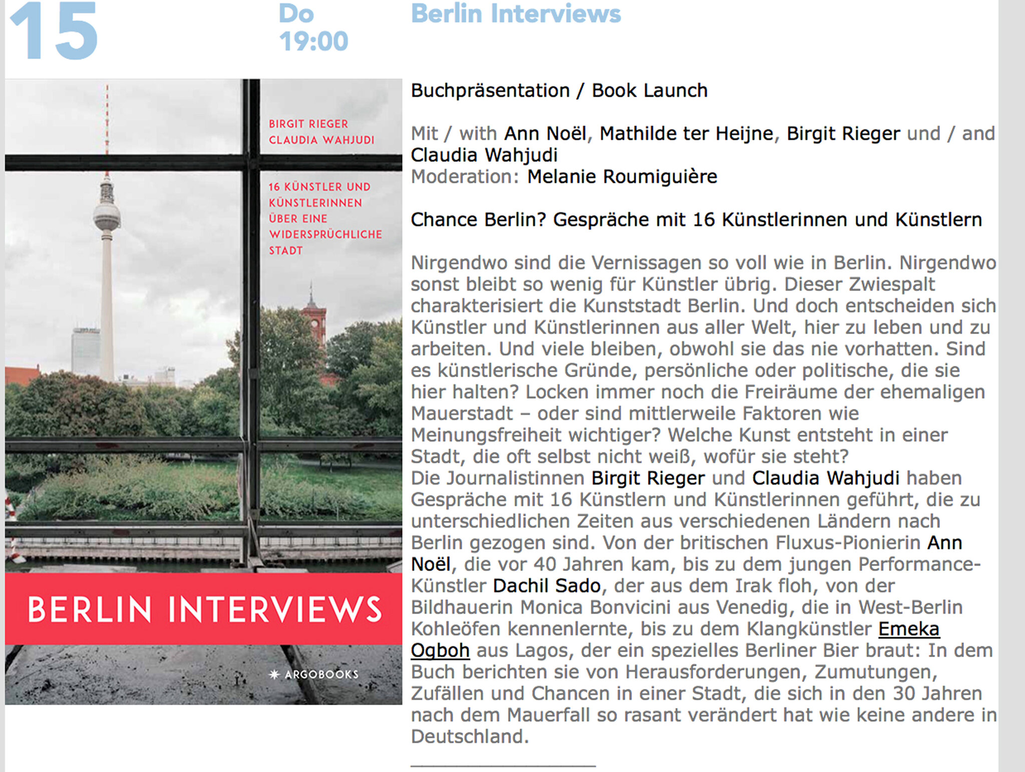 Birgit Rieger, Claudia Wahjudi, BERLIN INTERVIEWS, 16 Künstlerinnen und Künstler über Eine Widersprüchliche Stadt, ARGOBOOKS, Berlin, 2019